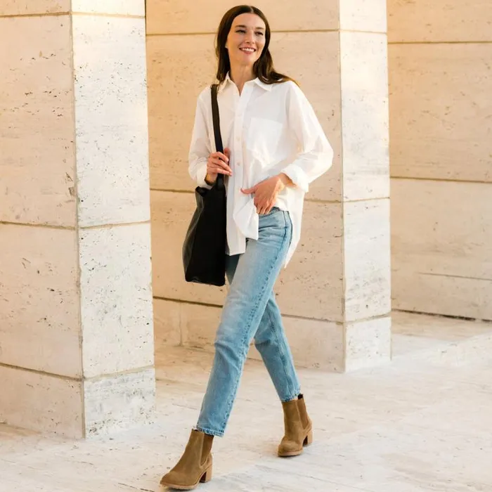 Nisolo Boots Women Ana GoTo Heeled Chelsea Boot Taupe Suede