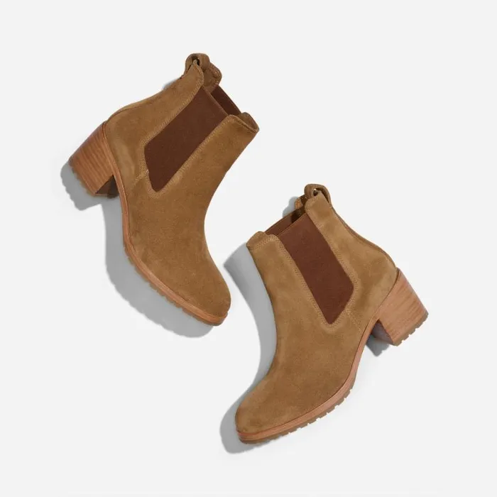 Nisolo Boots Women Ana GoTo Heeled Chelsea Boot Taupe Suede