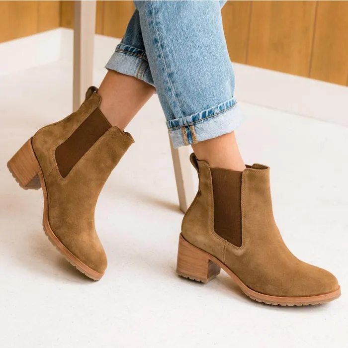 Nisolo Boots Women Ana GoTo Heeled Chelsea Boot Taupe Suede