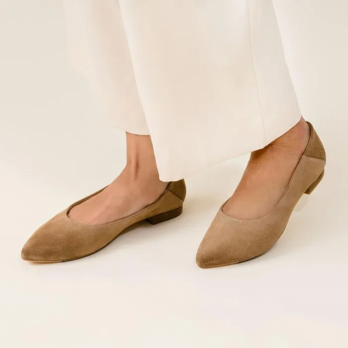 Nisolo Flats and Slip Ons Women Fina Pointed Toe Flat Taupe Suede
