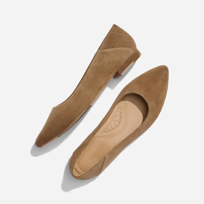 Nisolo Flats and Slip Ons Women Fina Pointed Toe Flat Taupe Suede