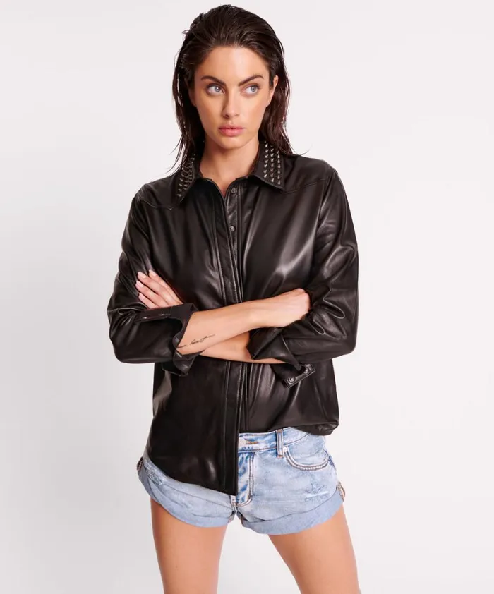 One Teaspoon Shirts BLACK STUDDED WESTERN LEATHER SHACKET 8211 Women