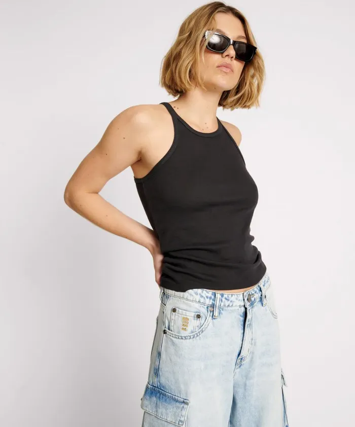 One Teaspoon Tees and Tanks BLACK ONE TEASPOON FINE RIB SINGLET 8211 Women