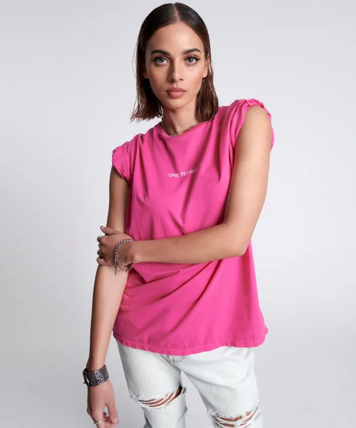 One Teaspoon Tees and Tanks ORGANIC FLURO PINK ONETEASPOON LOGO UNISEX TEE 8211 Women