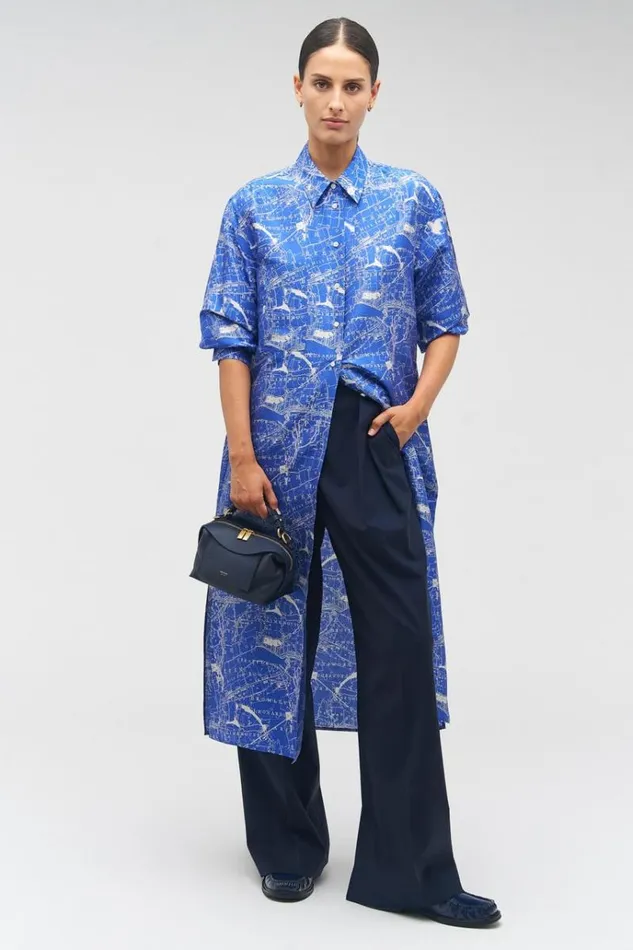 Oroton Dresses Women Map Print Shirt Dress Indigo