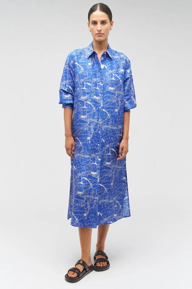 Oroton Dresses Women Map Print Shirt Dress Indigo