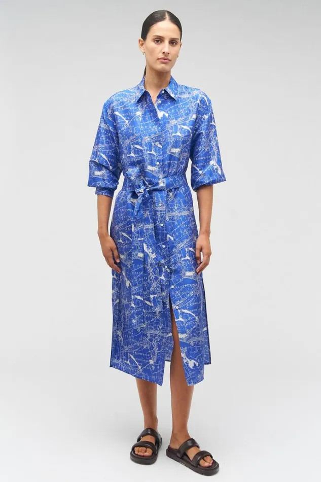 Oroton Dresses Women Map Print Shirt Dress Indigo