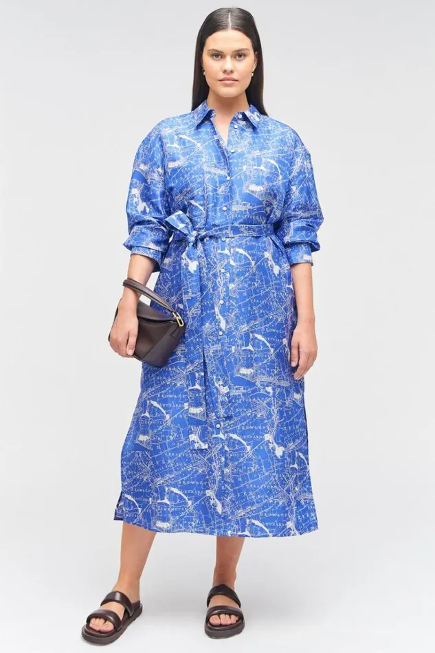 Oroton Dresses Women Map Print Shirt Dress Indigo