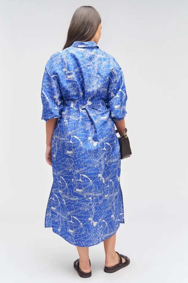Oroton Dresses Women Map Print Shirt Dress Indigo