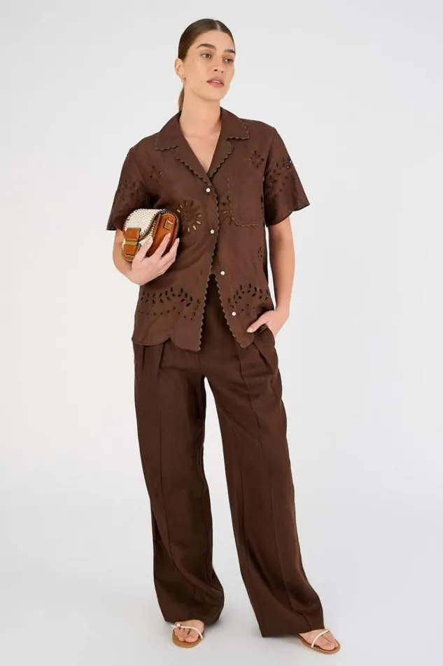 Oroton Pants Women Tab Detail Pleat Pant Espresso