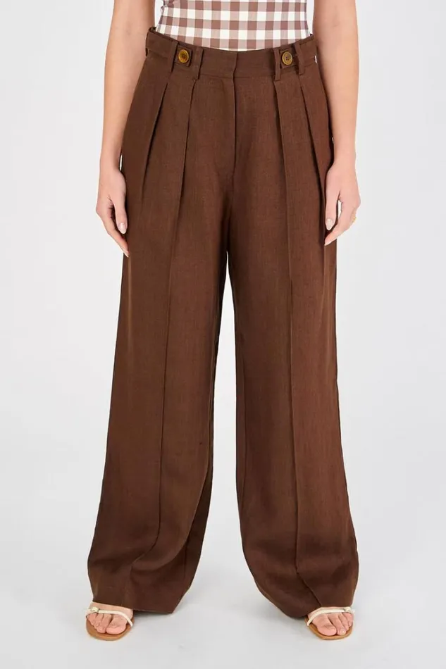 Oroton Pants Women Tab Detail Pleat Pant Espresso
