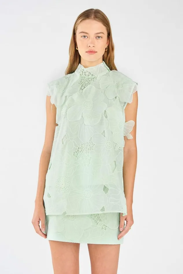 Oroton Tops Women Tie Neck Lace Top Sea Spray