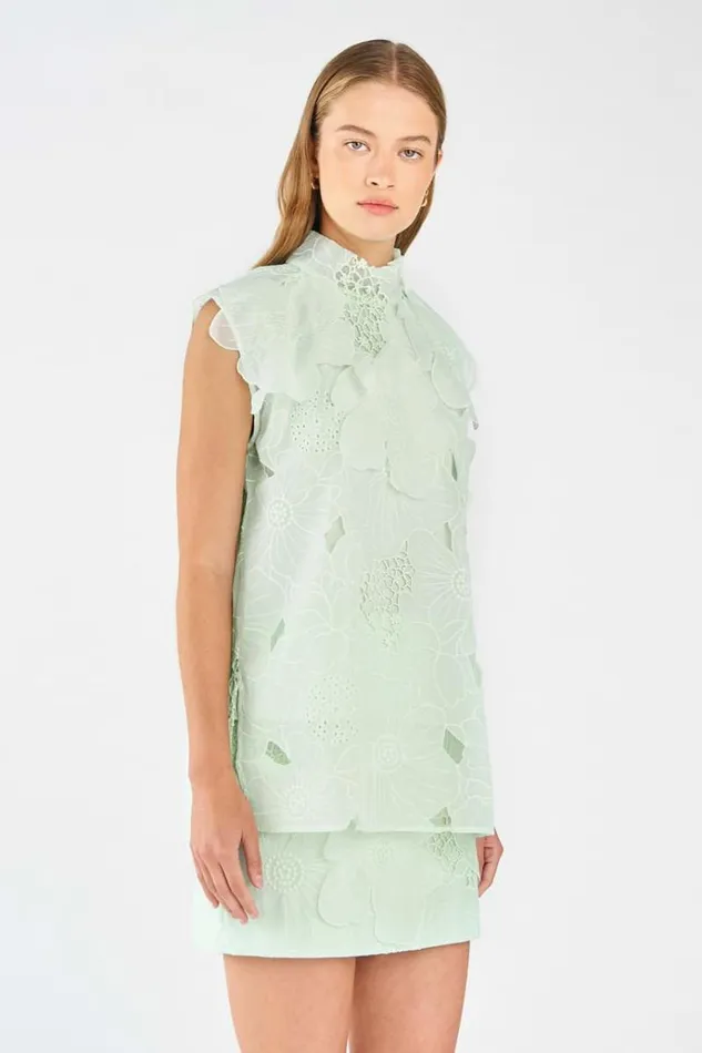 Oroton Tops Women Tie Neck Lace Top Sea Spray