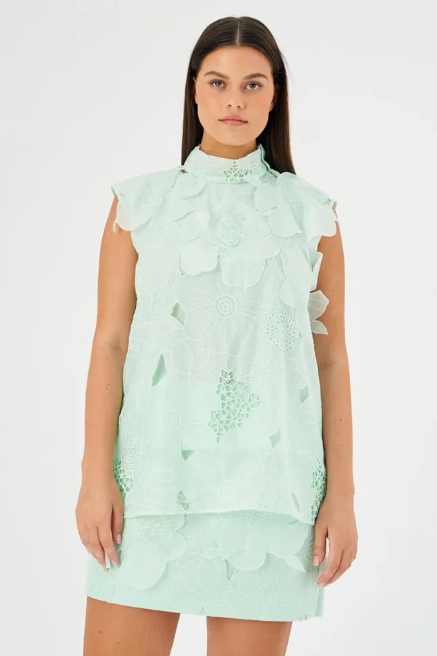 Oroton Tops Women Tie Neck Lace Top Sea Spray