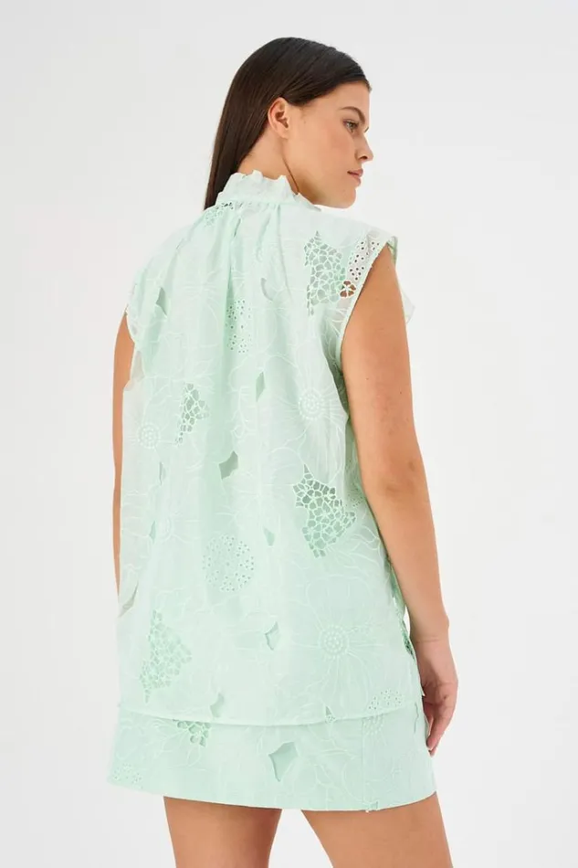 Oroton Tops Women Tie Neck Lace Top Sea Spray