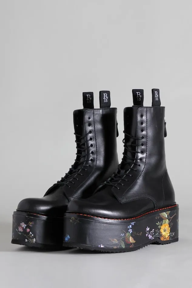 R13 Boots Women DOUBLE STACK BOOT 8211 BLACK WITH FLORAL PLATFORM COMBAT BOOTS