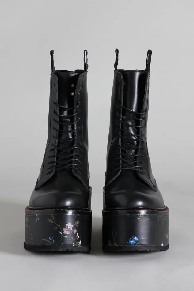 R13 Boots Women DOUBLE STACK BOOT 8211 BLACK WITH FLORAL PLATFORM COMBAT BOOTS