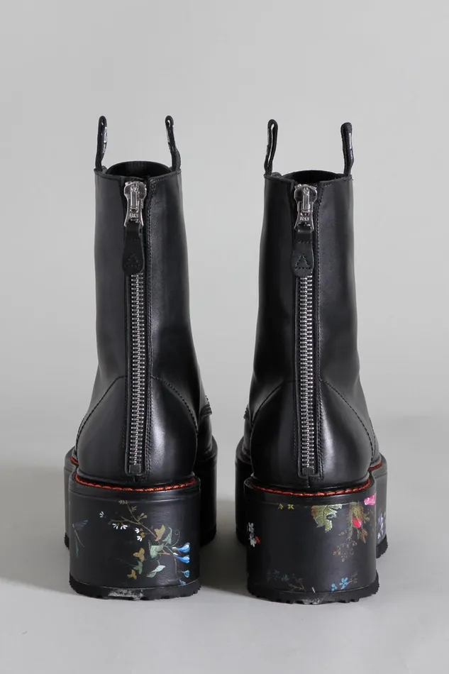 R13 Boots Women DOUBLE STACK BOOT 8211 BLACK WITH FLORAL PLATFORM COMBAT BOOTS