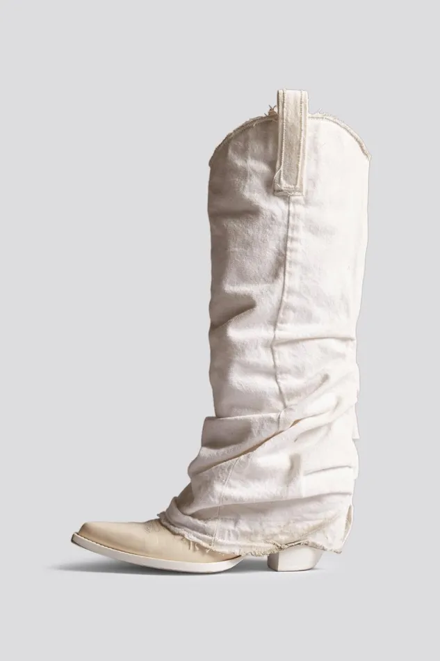 R13 Boots Women Mid Cowboy Boot With Sleeve 8211 White Denim Denim