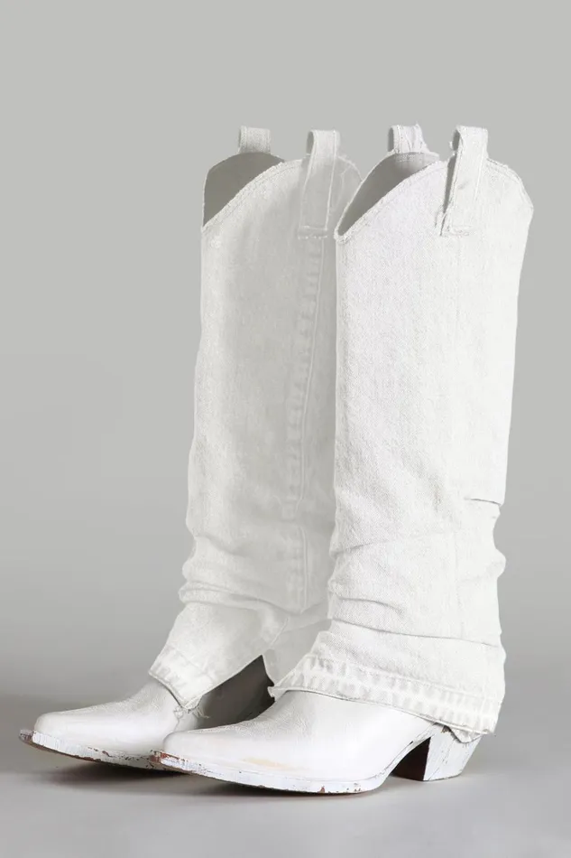 R13 Boots Women Mid Cowboy Boot With Sleeve 8211 White Denim Denim