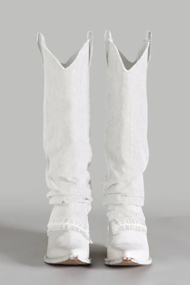 R13 Boots Women Mid Cowboy Boot With Sleeve 8211 White Denim Denim