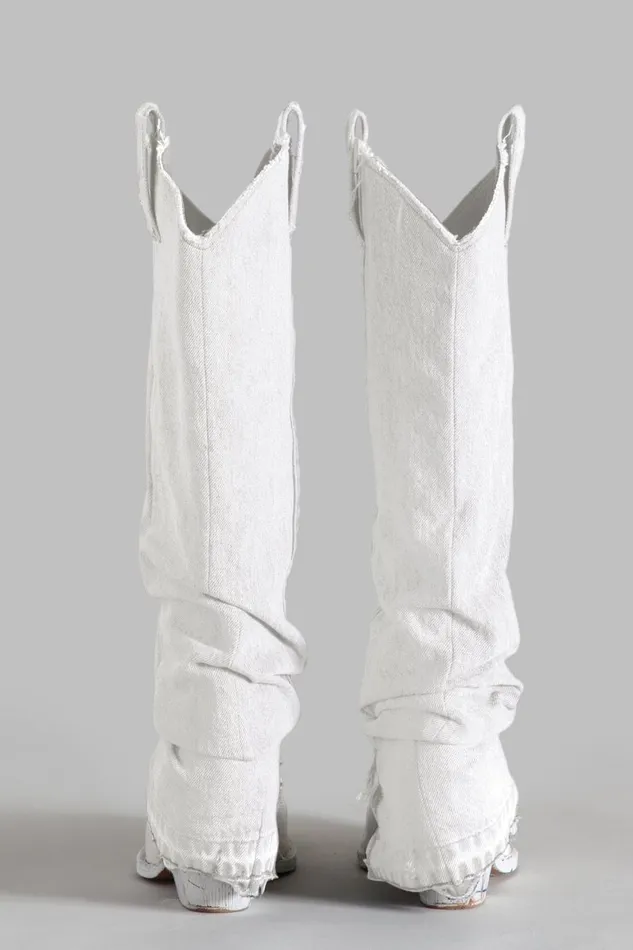 R13 Boots Women Mid Cowboy Boot With Sleeve 8211 White Denim Denim