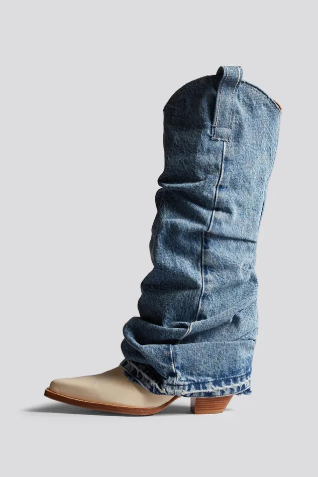 R13 Cowboys Women MID COWBOY BOOT WITH DENIM SLEEVE 8211 BLUE AND WHITE