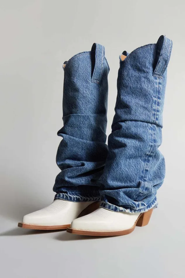R13 Cowboys Women MID COWBOY BOOT WITH DENIM SLEEVE 8211 BLUE AND WHITE