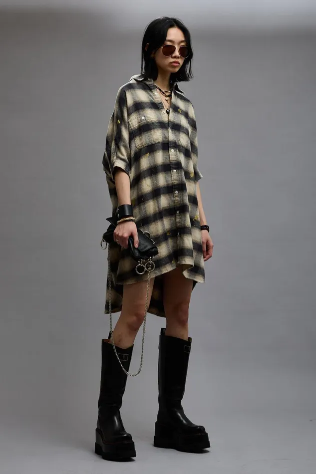 R13 Dresses and Skirts Women OVERSIZED RELAXED SHIRTDRESS 8211 SPLATTERED ECRU PLAID