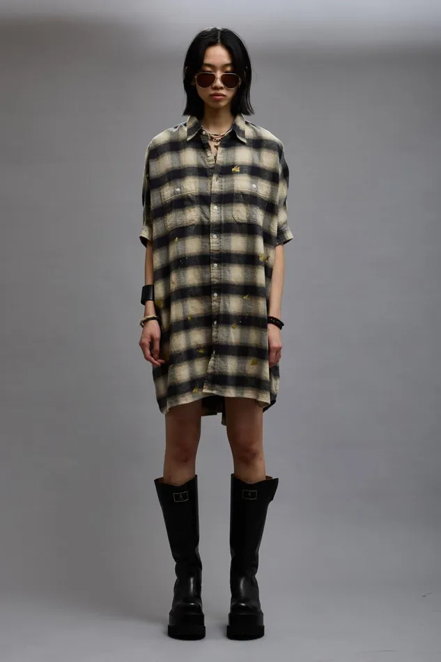R13 Dresses and Skirts Women OVERSIZED RELAXED SHIRTDRESS 8211 SPLATTERED ECRU PLAID