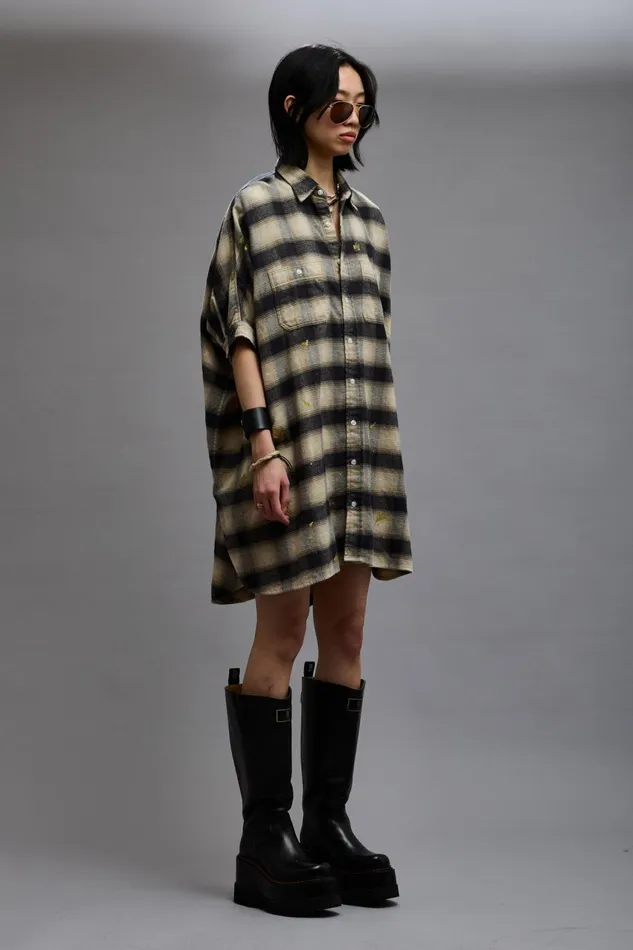 R13 Dresses and Skirts Women OVERSIZED RELAXED SHIRTDRESS 8211 SPLATTERED ECRU PLAID