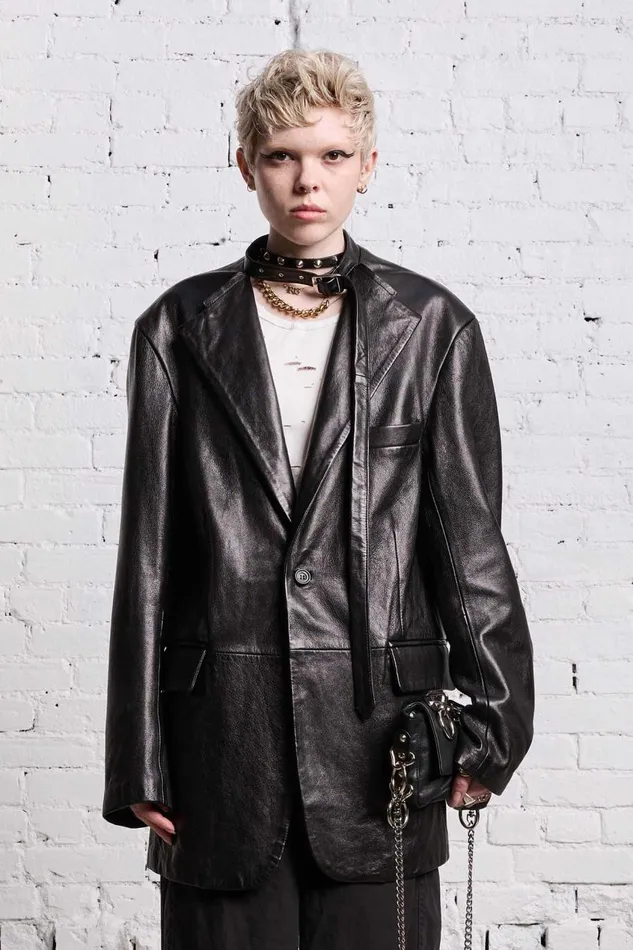 R13 Sale Women BELT COLLAR LEATHER BLAZER 8211 BLACK