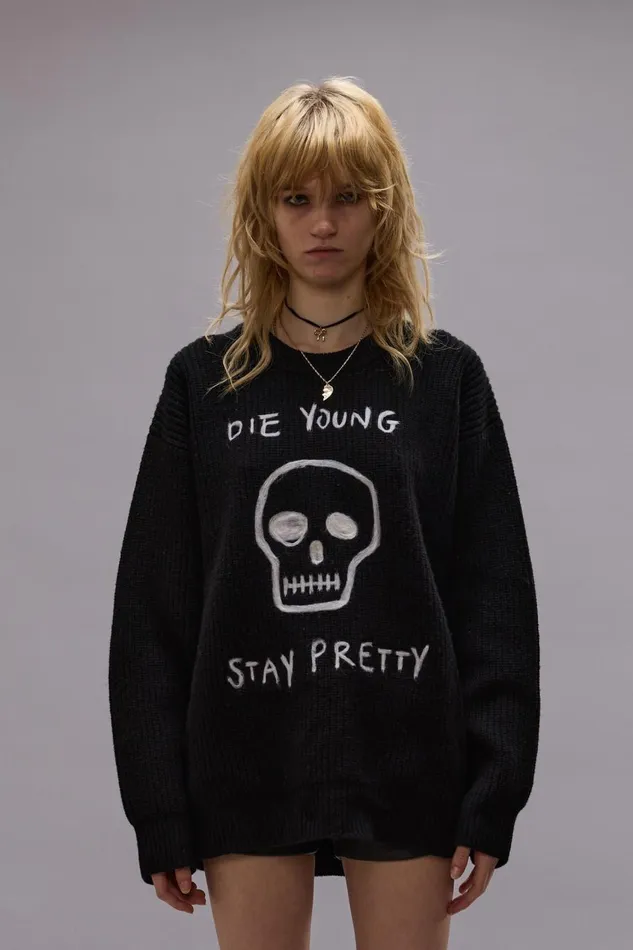 R13 Sale Women DIE YOUNG BOYFRIEND SWEATER 8211 BLACK WITH NEEDLE PUNCHED GRAPHIC