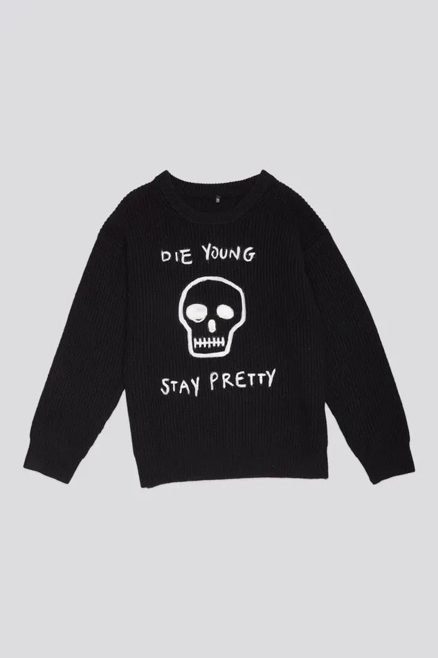 R13 Sale Women DIE YOUNG BOYFRIEND SWEATER 8211 BLACK WITH NEEDLE PUNCHED GRAPHIC