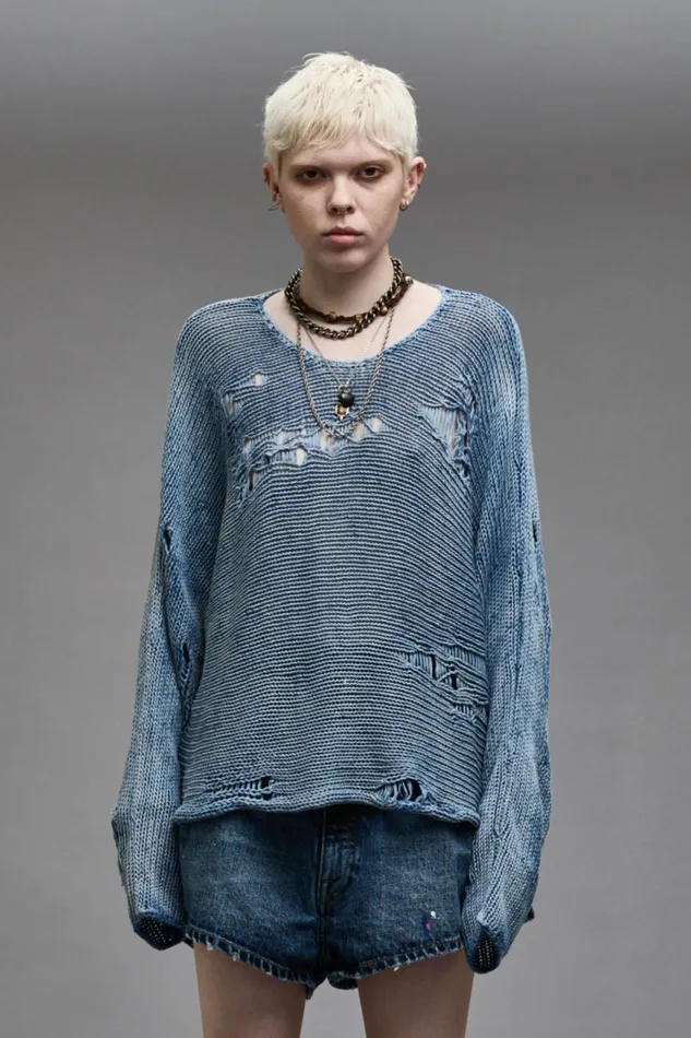 R13 Sale Women DISTRESSED BOYFRIEND CREWNECK 8211 LIGHT INDIGO