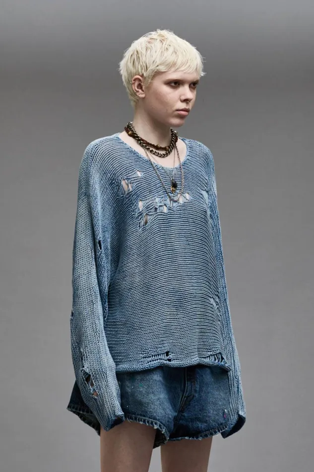 R13 Sale Women DISTRESSED BOYFRIEND CREWNECK 8211 LIGHT INDIGO
