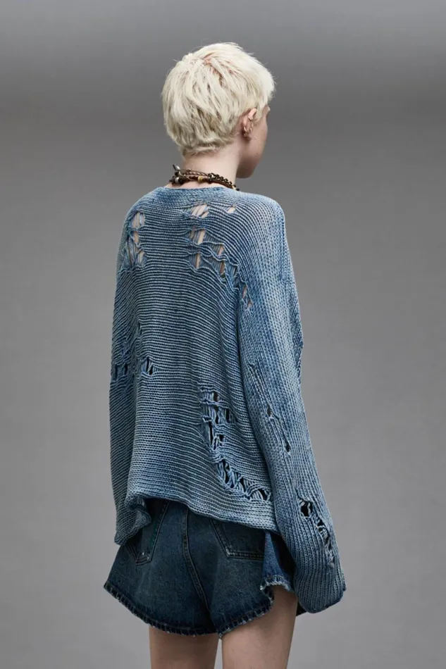 R13 Sale Women DISTRESSED BOYFRIEND CREWNECK 8211 LIGHT INDIGO