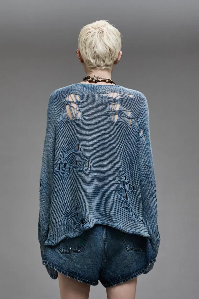 R13 Sale Women DISTRESSED BOYFRIEND CREWNECK 8211 LIGHT INDIGO