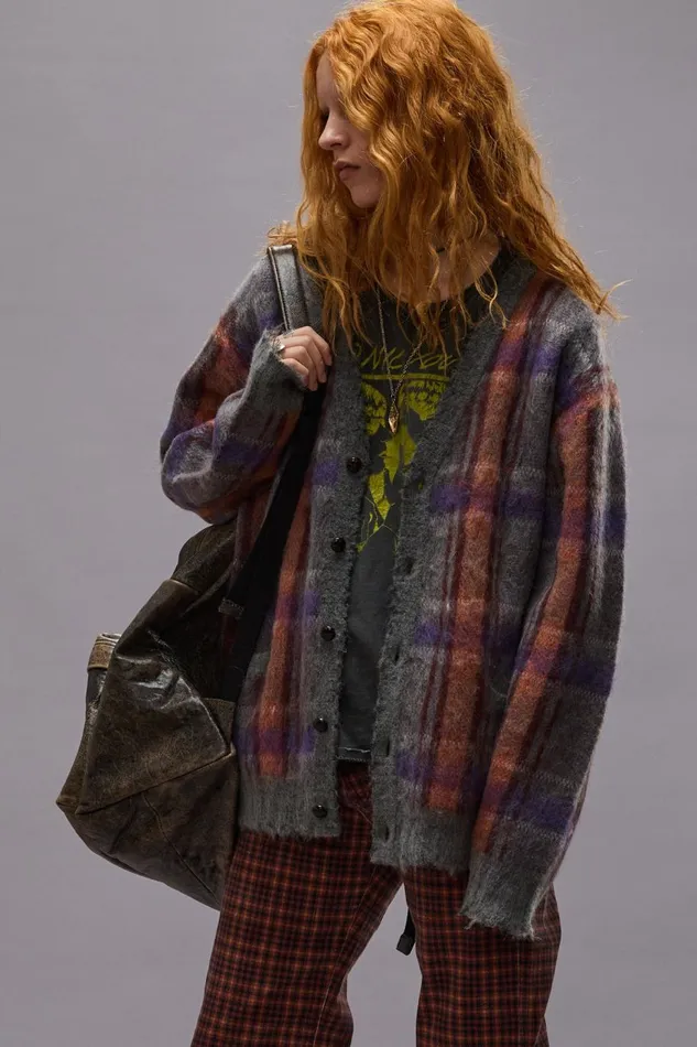 R13 Sale Women MOHAIR BOYFRIEND CARDIGAN 8211 BROWNORANGEPURPLE MOHAIR PLAID