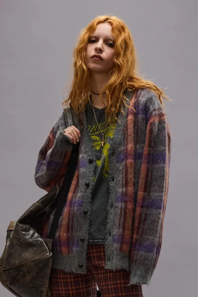 R13 Sale Women MOHAIR BOYFRIEND CARDIGAN 8211 BROWNORANGEPURPLE MOHAIR PLAID