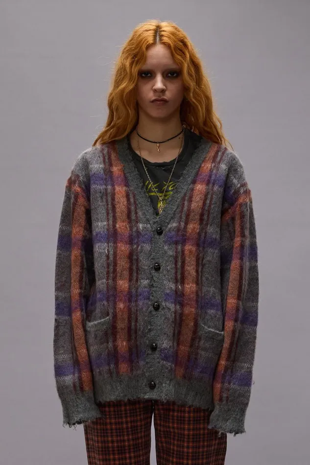 R13 Sale Women MOHAIR BOYFRIEND CARDIGAN 8211 BROWNORANGEPURPLE MOHAIR PLAID