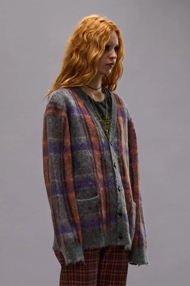R13 Sale Women MOHAIR BOYFRIEND CARDIGAN 8211 BROWNORANGEPURPLE MOHAIR PLAID