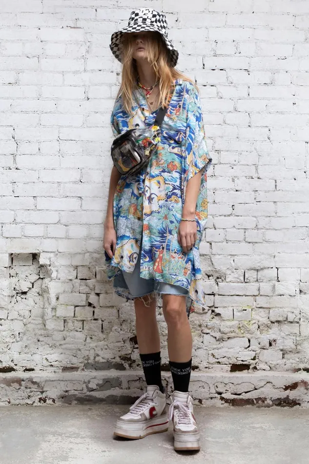R13 Sale Women Oversized Boxy Hawaiian Dress Denim