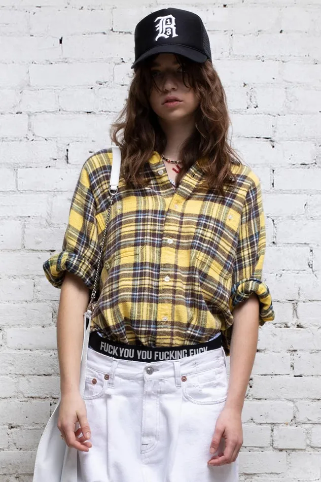 R13 Sale Women Plaid Oversized Boxy Shirtdress 8211 Yellow Plaid Denim