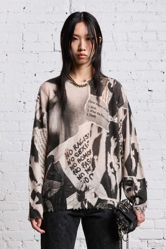 R13 Sale Women PRINTED BOYFRIEND SWEATER 8211 NEWSPAPER
