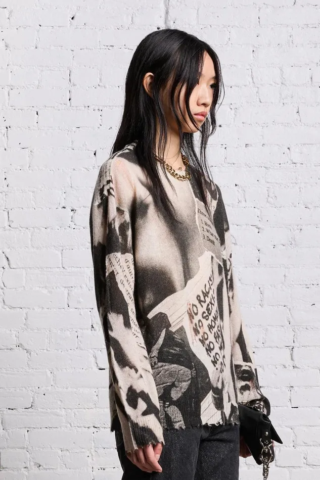 R13 Sale Women PRINTED BOYFRIEND SWEATER 8211 NEWSPAPER