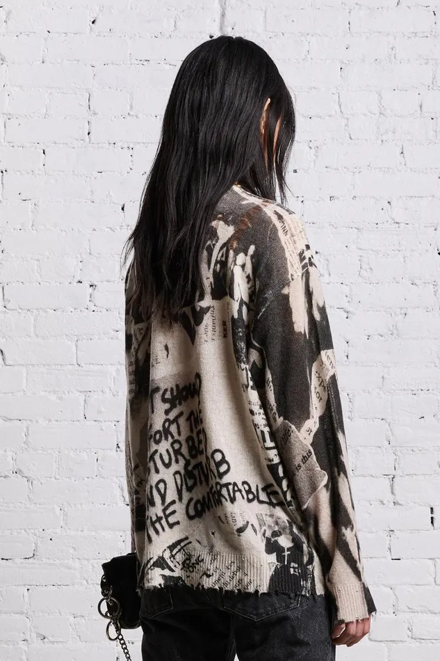 R13 Sale Women PRINTED BOYFRIEND SWEATER 8211 NEWSPAPER