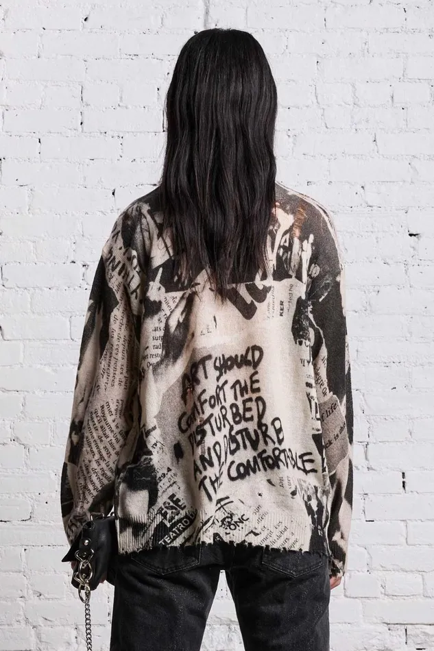 R13 Sale Women PRINTED BOYFRIEND SWEATER 8211 NEWSPAPER