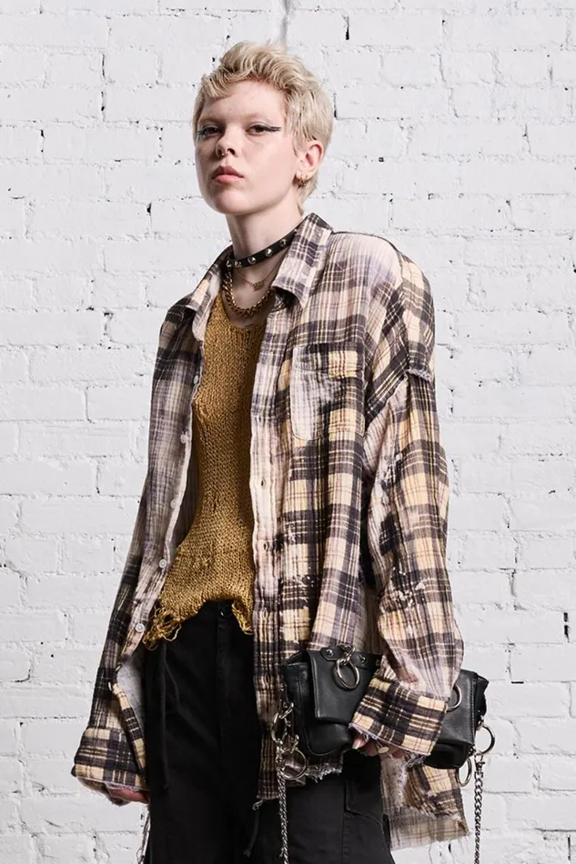 R13 Sale Women SHREDDED SEAM DROP NECK 8211 BLEACH PRINTED PLAID