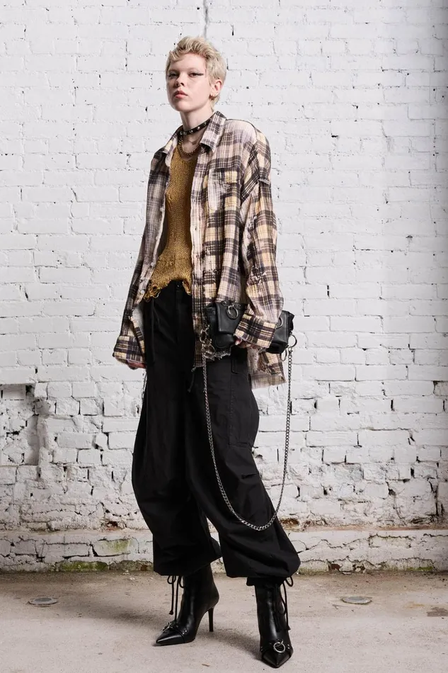 R13 Sale Women SHREDDED SEAM DROP NECK 8211 BLEACH PRINTED PLAID